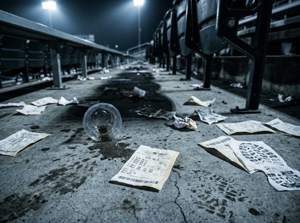 Discarded betting slips under empty stadium seats